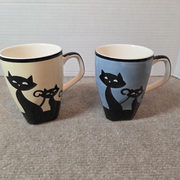 Hues N Brews Other - Hues N Brews Cat Coffee Mug Set of 2 Black Cat Paw Prints Blue Cream Ceramic
